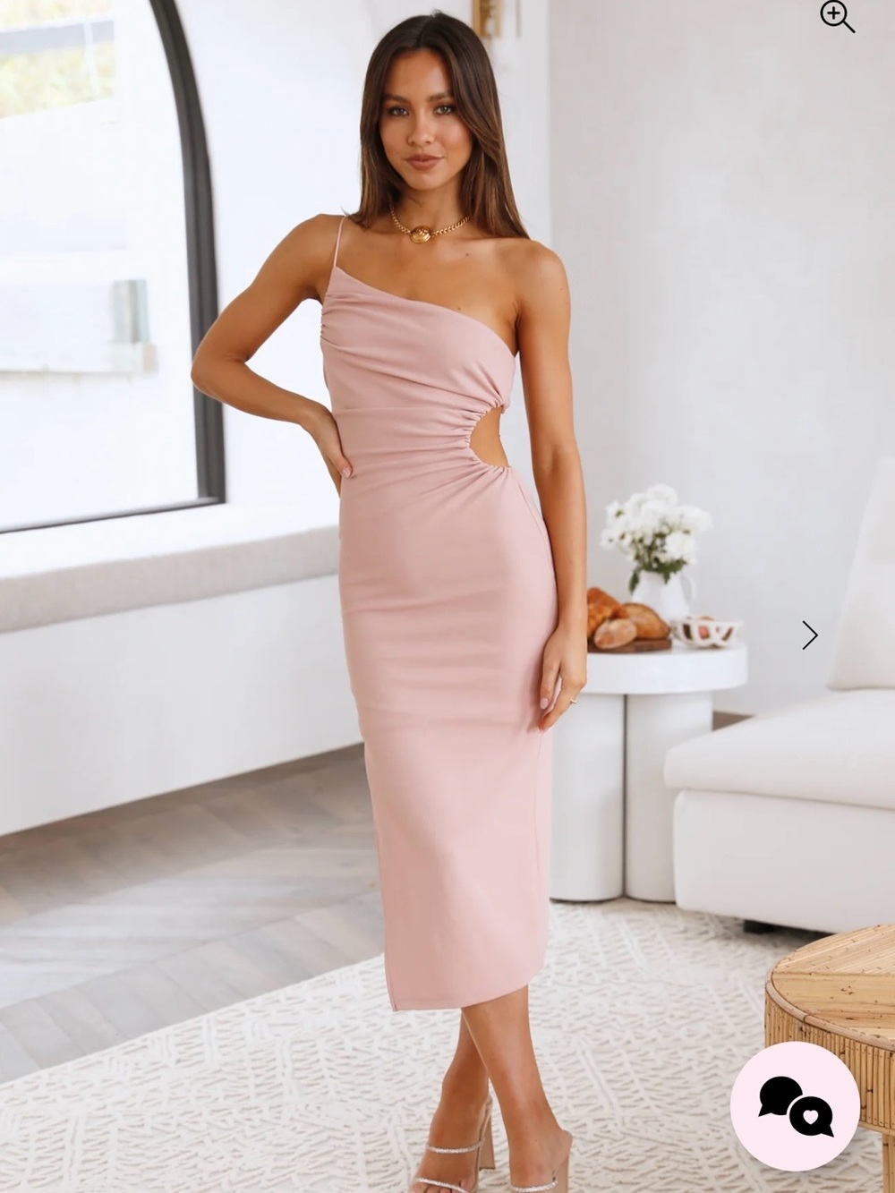 Hello Molly Blush One-Shoulder Cutout Midi Dress